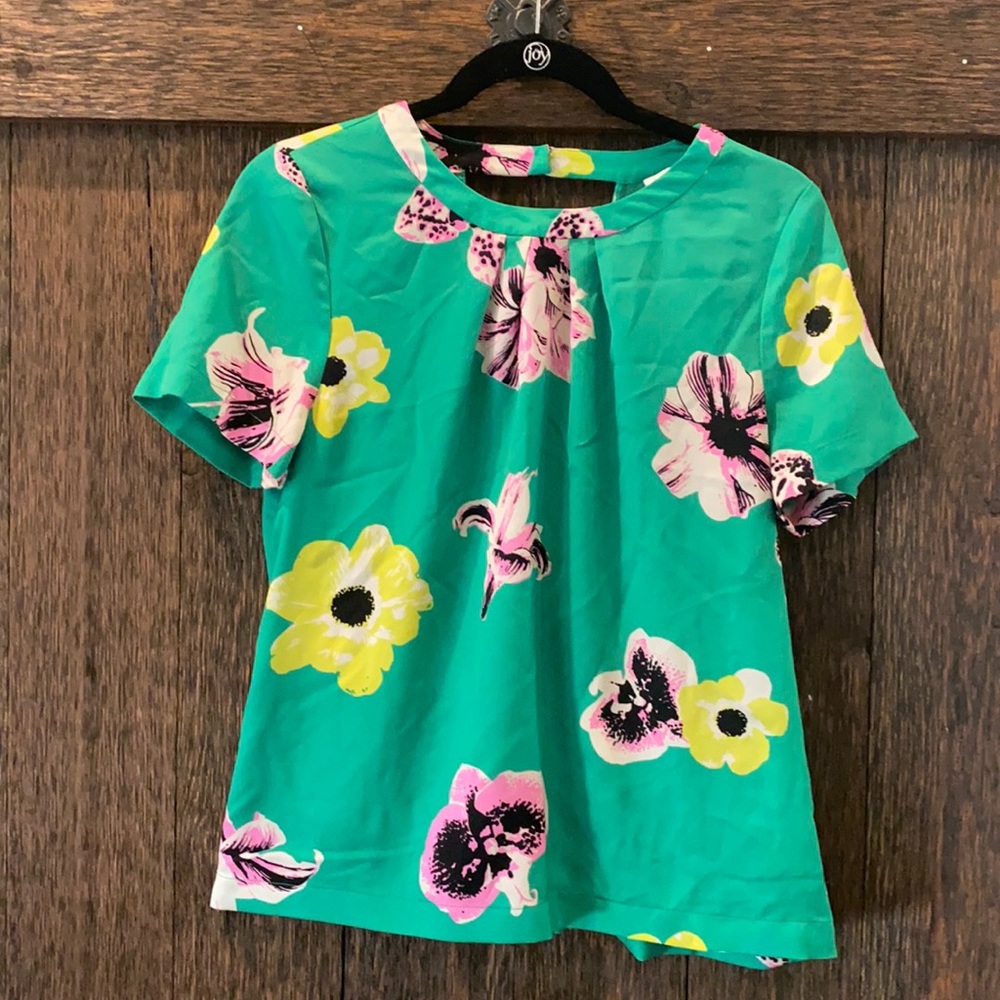 J Crew Green top with pink and yellow flowers